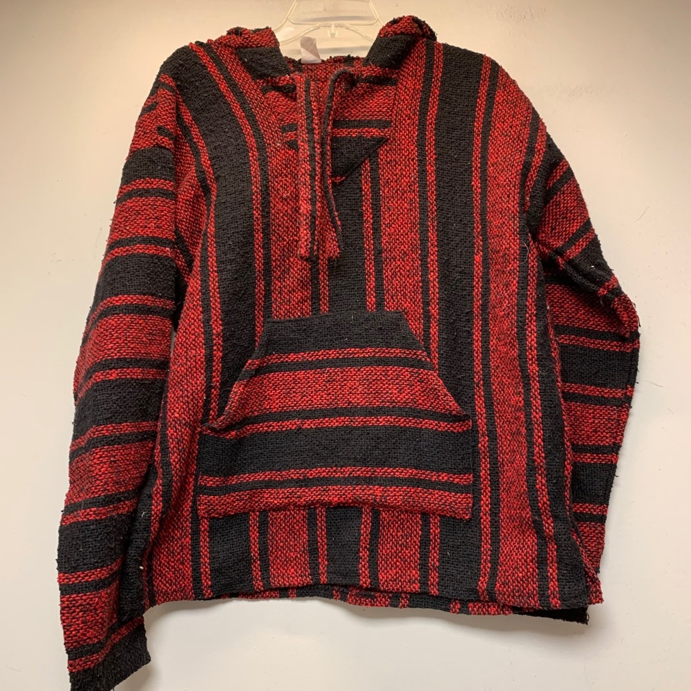 Earthbound Trading Co Baja Hoodie Mens Medium Red Black Excellent Woven Pullover